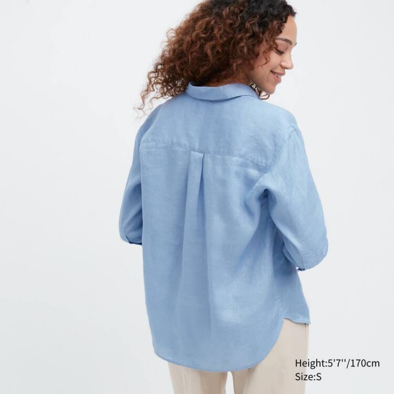 Women's Uniqlo 100% Premium Linen Skipper Collar 3/4 Sleeved Shirts Blue | DJHI-08619