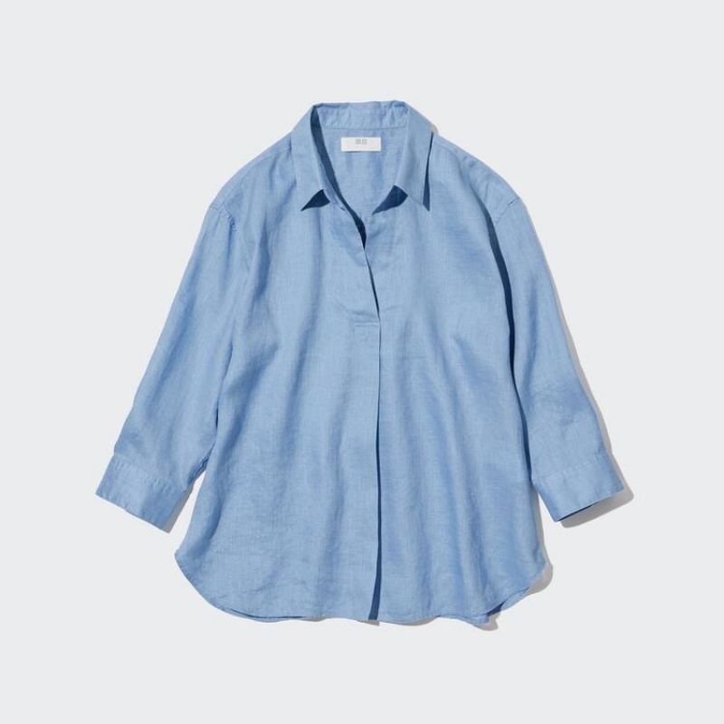 Women's Uniqlo 100% Premium Linen Skipper Collar 3/4 Sleeved Shirts Blue | DJHI-08619