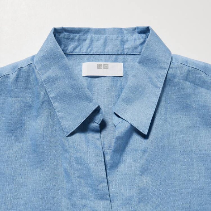 Women's Uniqlo 100% Premium Linen Skipper Collar 3/4 Sleeved Shirts Blue | DJHI-08619