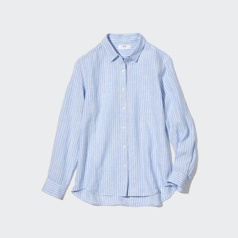 Women's Uniqlo 100% Premium Linen Striped Long Sleeved Shirts Light Blue | JVYC-83702