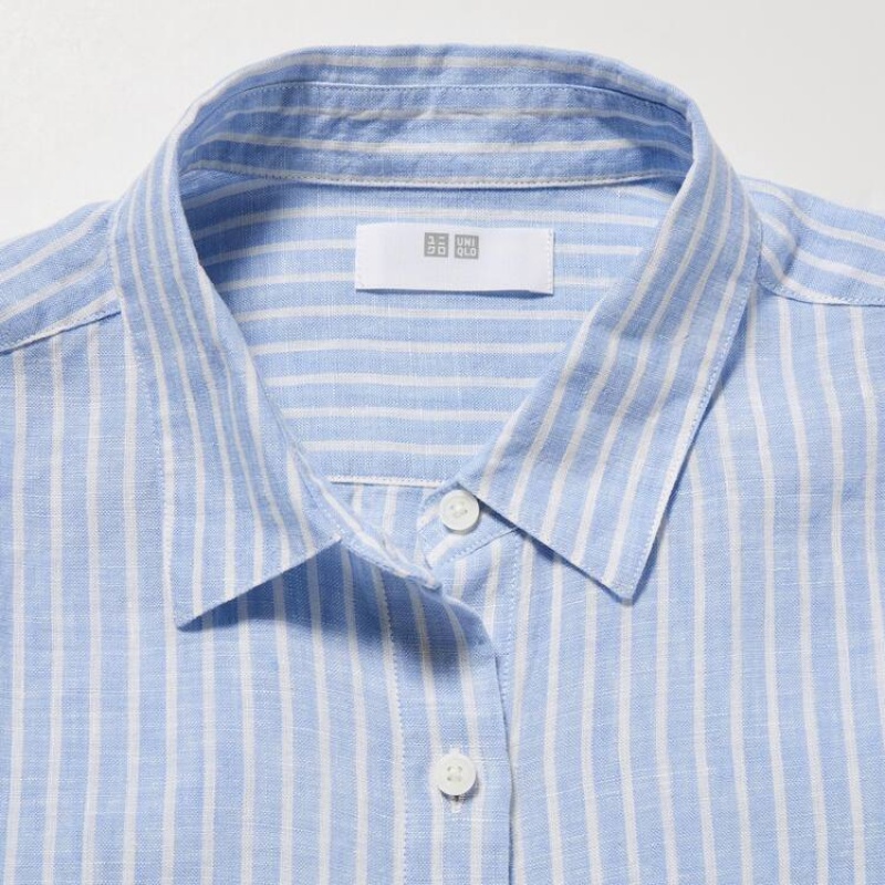 Women's Uniqlo 100% Premium Linen Striped Long Sleeved Shirts Light Blue | JVYC-83702