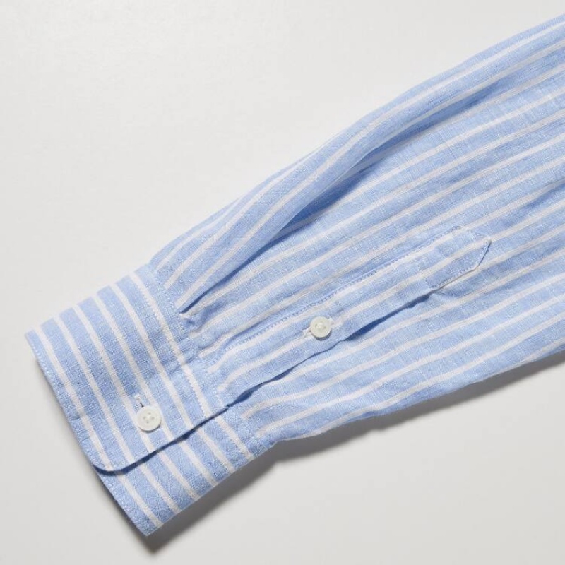 Women's Uniqlo 100% Premium Linen Striped Long Sleeved Shirts Light Blue | JVYC-83702