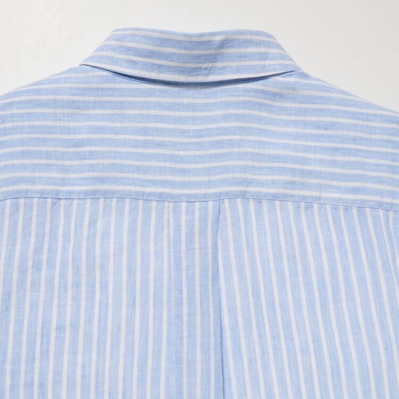 Women's Uniqlo 100% Premium Linen Striped Long Sleeved Shirts Light Blue | JVYC-83702