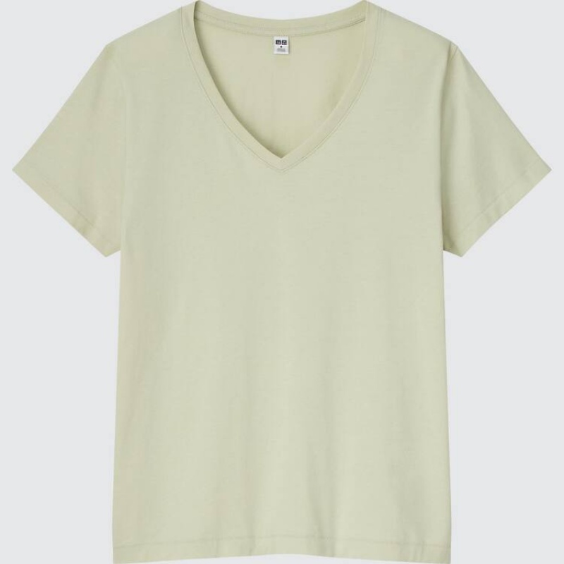 Women\'s Uniqlo 100% Supima Cotton V Neck T Shirts Light Green | DGXS-37960