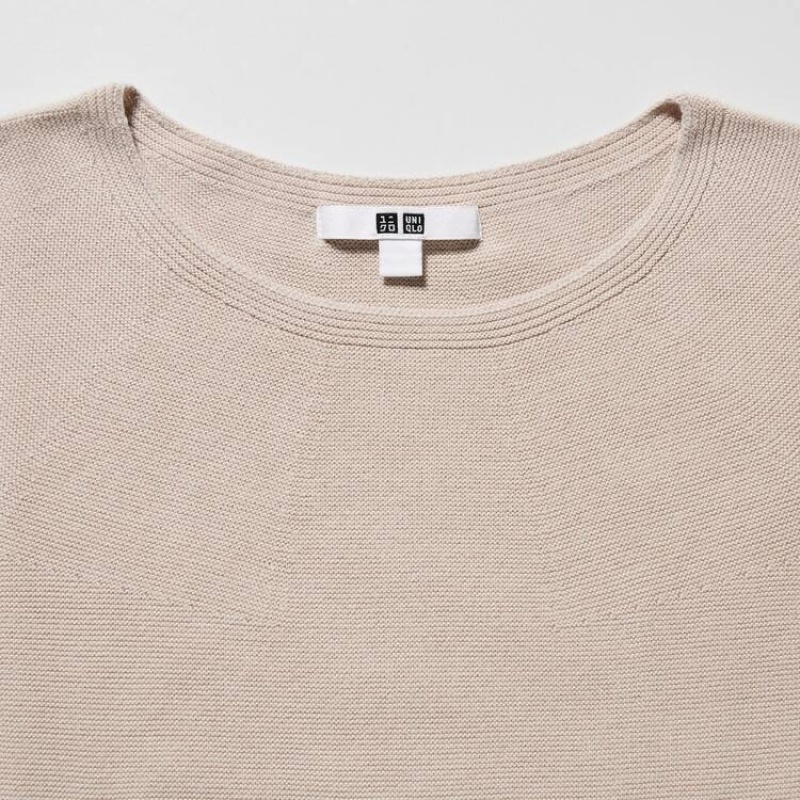 Women's Uniqlo 3d Knit Seamless Cotton Crew Neck Knitwear Beige | TFDH-02584