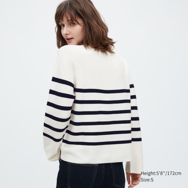 Women's Uniqlo 3d Knit Seamless Cotton Striped Crew Neck Knitwear White | ZIFT-05269