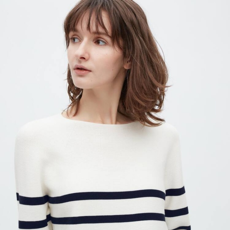 Women's Uniqlo 3d Knit Seamless Cotton Striped Crew Neck Knitwear White | ZIFT-05269