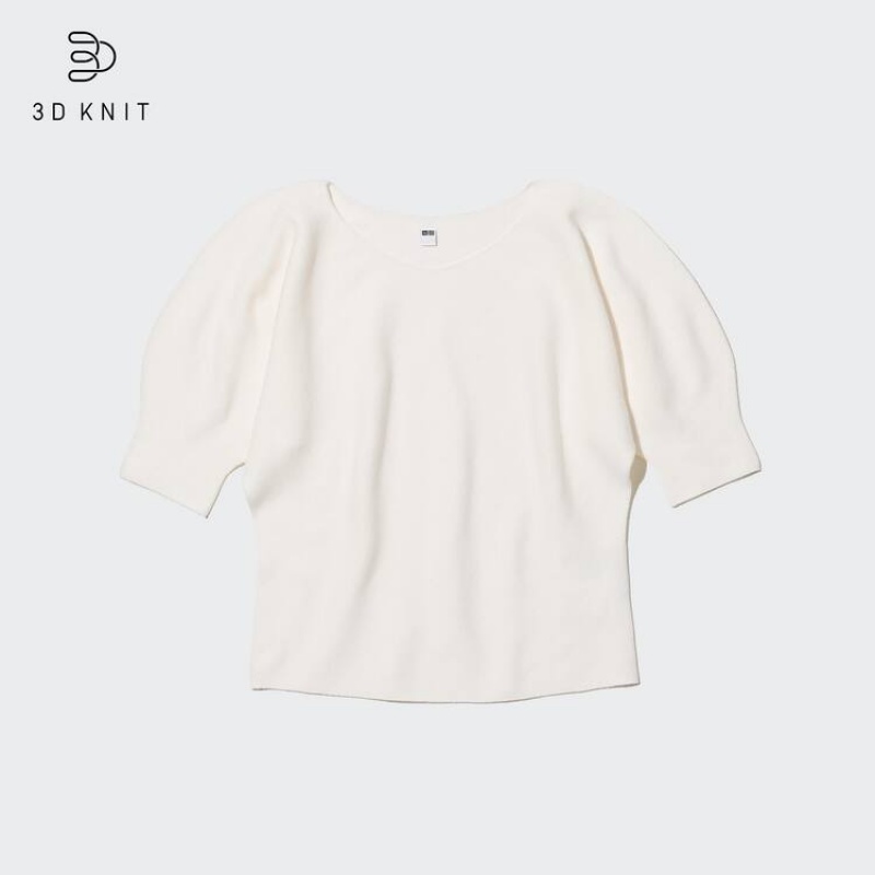 Women's Uniqlo 3d Knit Seamless Cotton Volume Half Sleeved Tops White | EWHV-45620