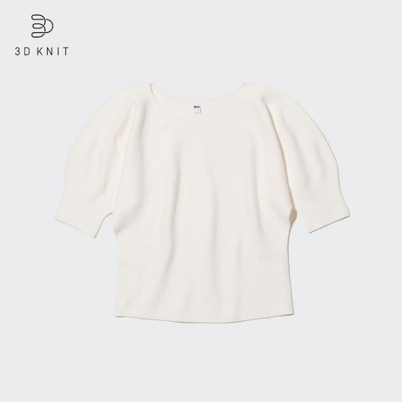 Women's Uniqlo 3d Knit Seamless Cotton Volume Half Sleeved Knitwear White | IYBR-21795