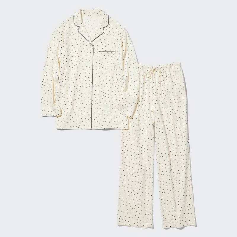 Women's Uniqlo Airism Cotton Dotted Long Sleeved Loungewear White | LSXN-93548