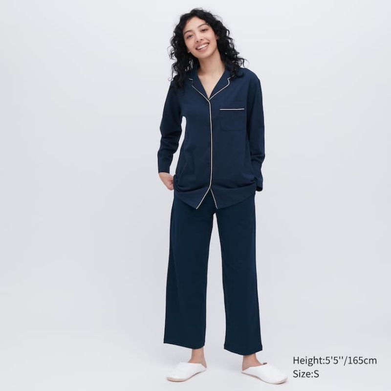 Women\'s Uniqlo Airism Cotton Long Sleeved Loungewear Navy | YQDH-38419