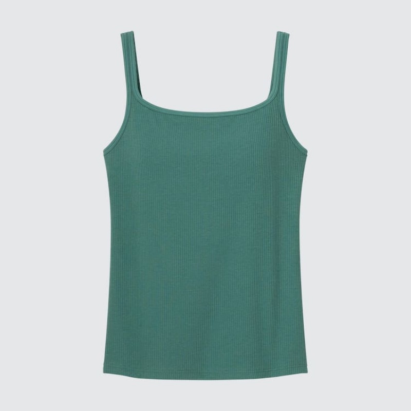 Women's Uniqlo Airism Cotton Ribbed Sleeveless Vest Green | OEVW-10249