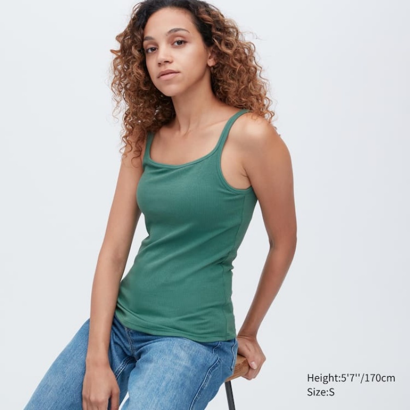 Women\'s Uniqlo Airism Cotton Ribbed Sleeveless Bras Green | HOAB-83175