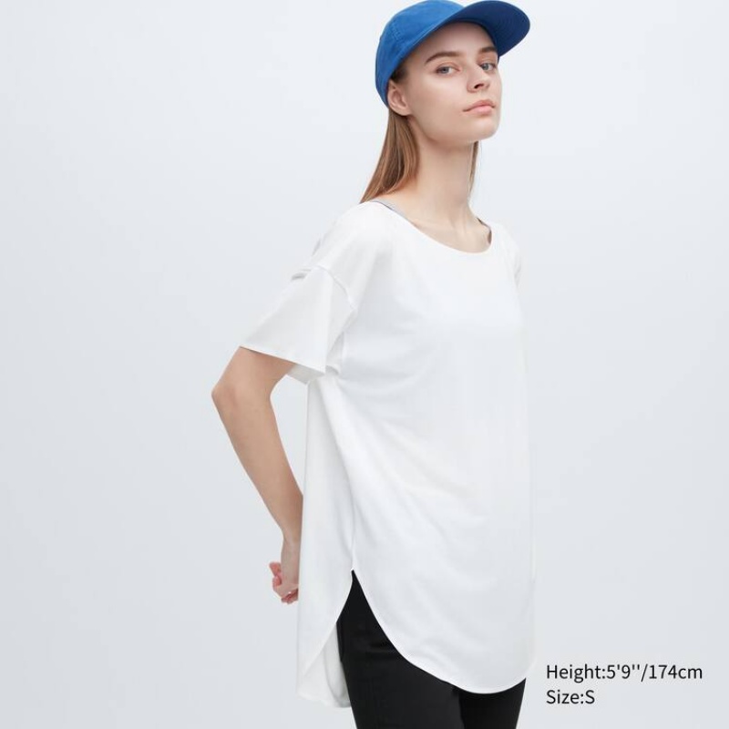 Women\'s Uniqlo Airism Seamless Boat Neck Longline T Shirts White | MHYZ-30862