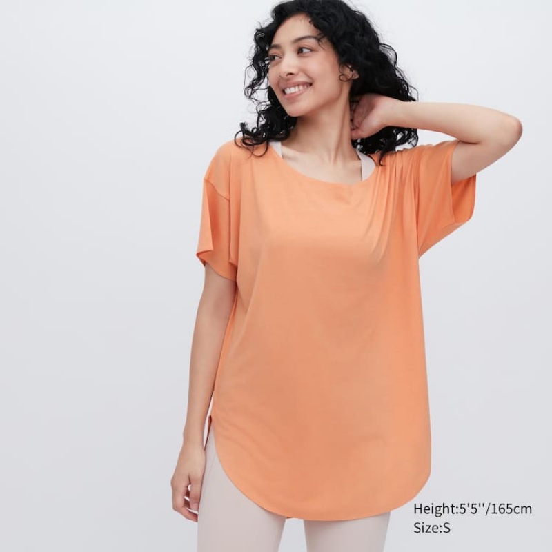 Women\'s Uniqlo Airism Seamless Boat Neck Longline Short Sleeved T Shirts Orange | UQFM-01245