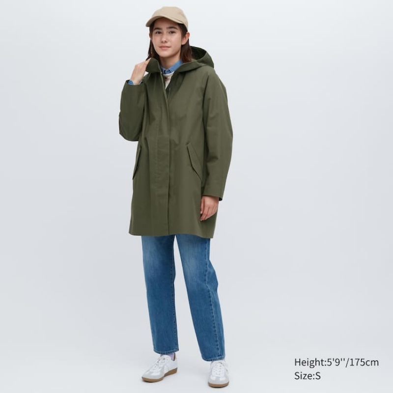 Women's Uniqlo Blocktech Half Coats Olive | DUTJ-13598