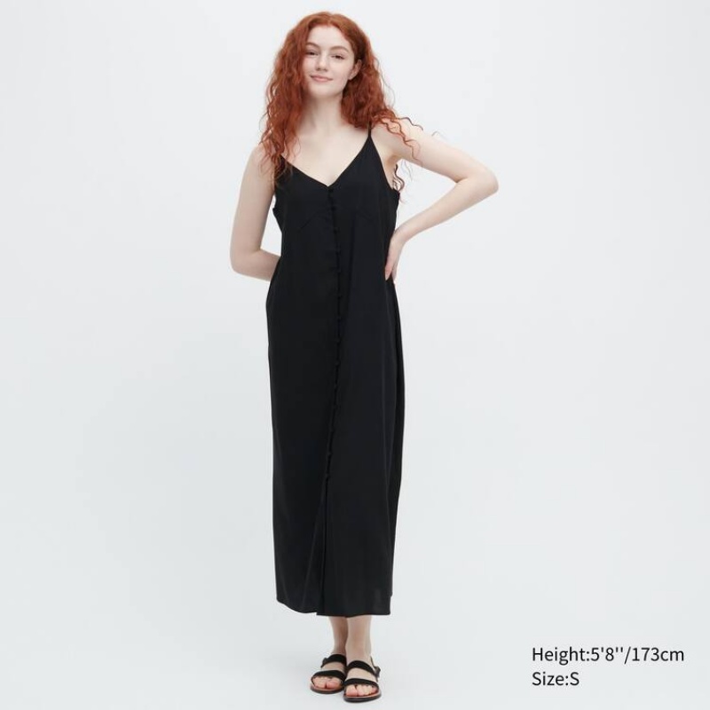 Women\'s Uniqlo Button-down Flared Camisole Dress Black | SVUK-28146