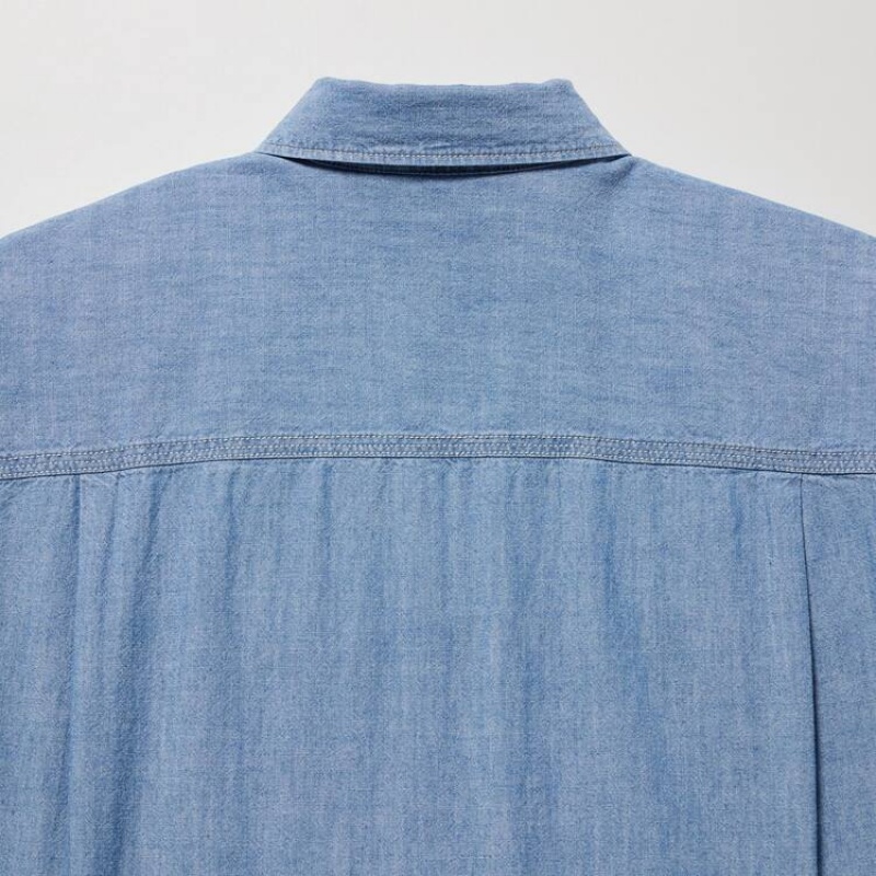 Women's Uniqlo Chambray Oversized Long Sleeved Shirts Blue | JGOC-76915