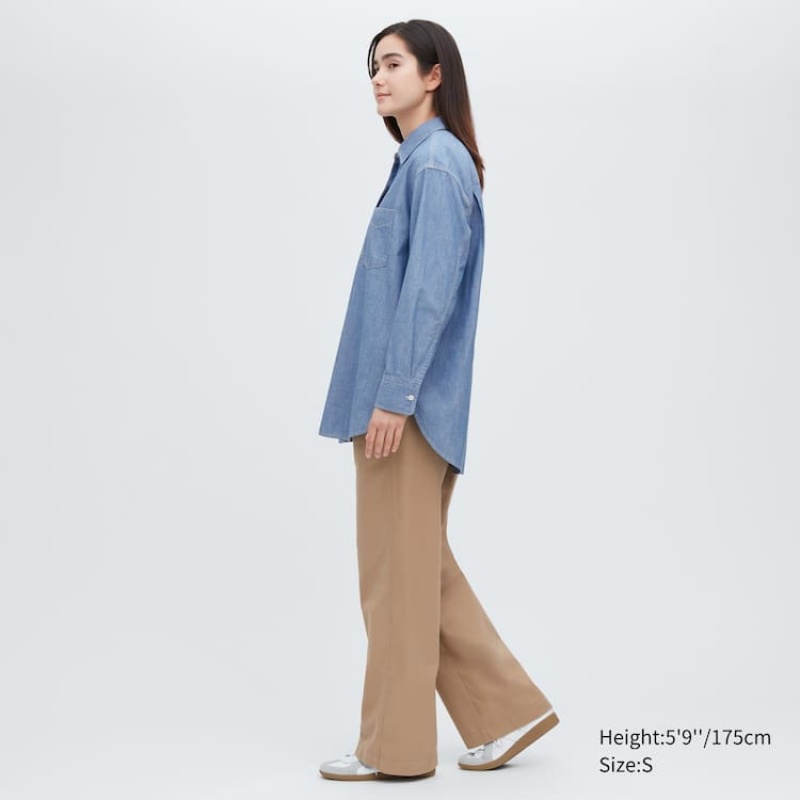 Women's Uniqlo Chambray Oversized Long Sleeved Shirts Blue | JGOC-76915