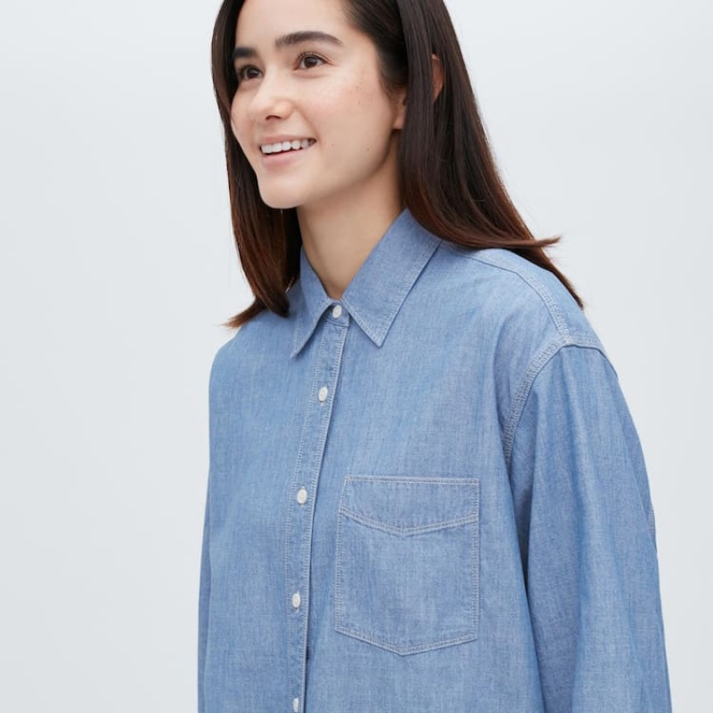 Women's Uniqlo Chambray Oversized Long Sleeved Shirts Blue | JGOC-76915