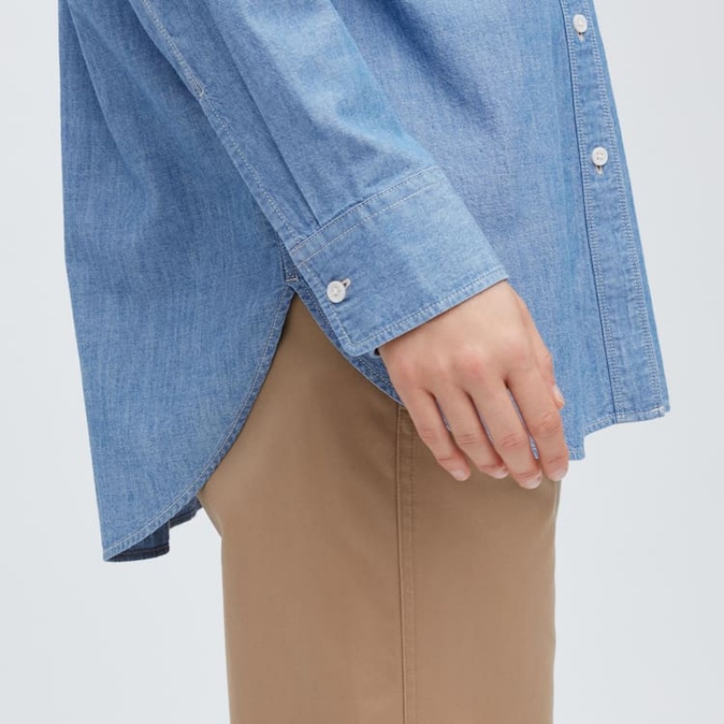 Women's Uniqlo Chambray Oversized Long Sleeved Shirts Blue | JGOC-76915