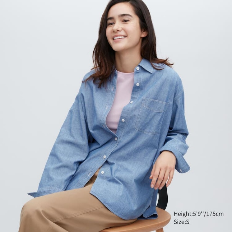 Women\'s Uniqlo Chambray Oversized Long Sleeved Shirts Blue | JGOC-76915