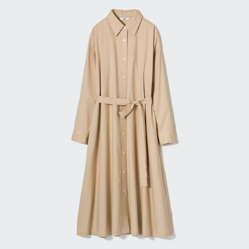 Women's Uniqlo Cotton A-line Long Sleeved Dress Beige | KQUV-71598