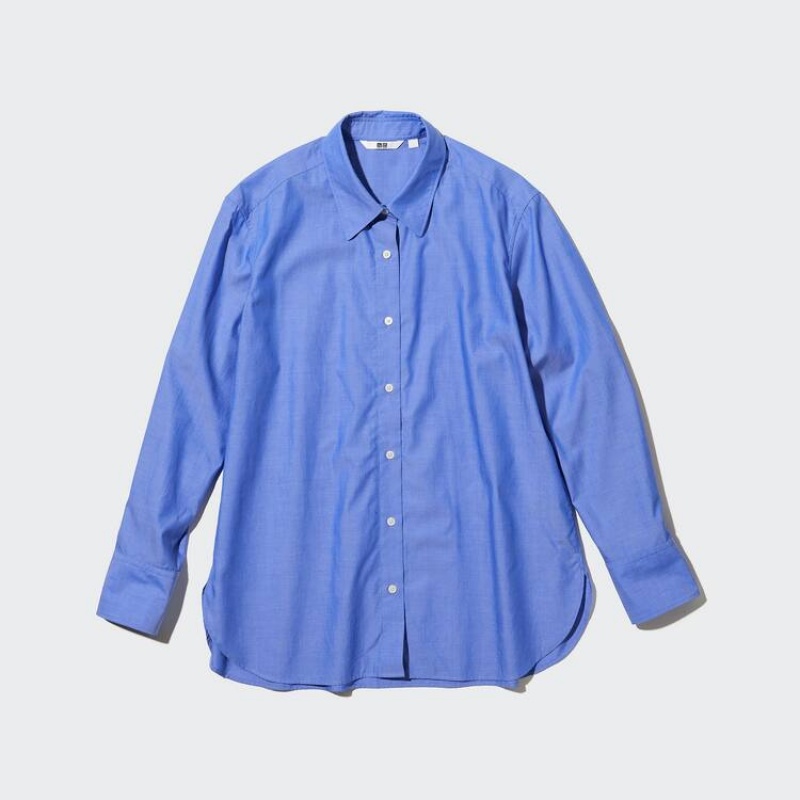 Women\'s Uniqlo Cotton Chambray Long Sleeved Shirts Blue | CKXH-45729