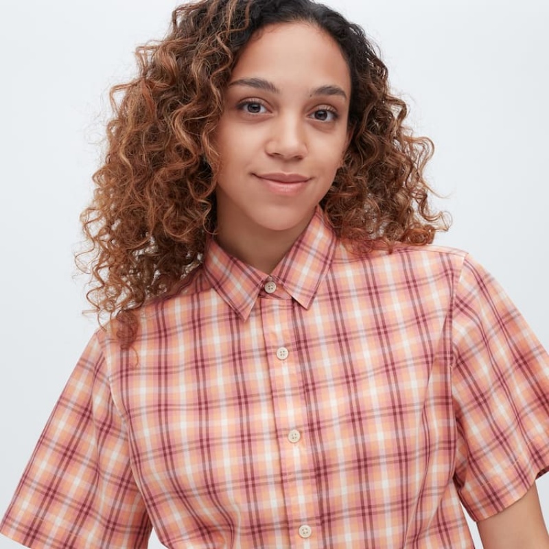 Women's Uniqlo Cotton Checked Short Sleeved Shirts Pink | OYAN-90156