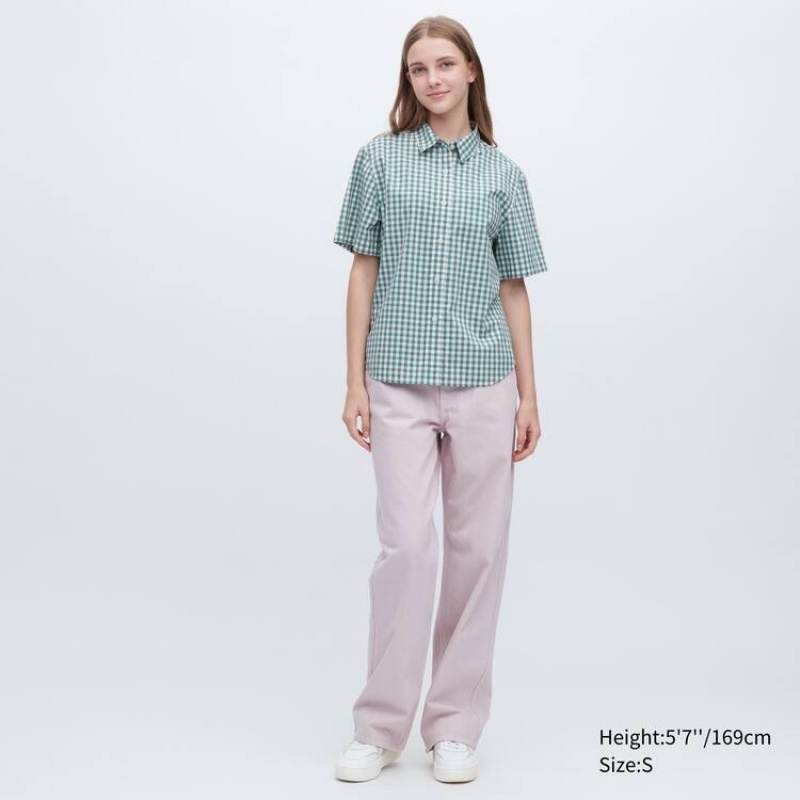 Women's Uniqlo Cotton Checked Short Sleeved Shirts Green | GYUS-50176