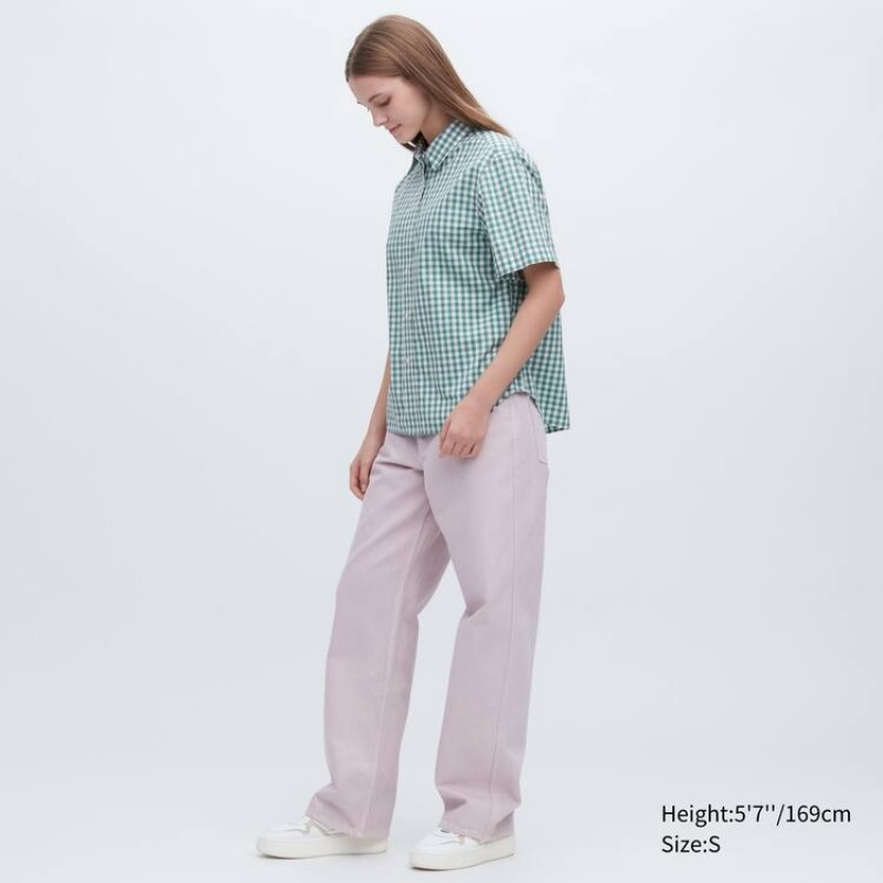 Women's Uniqlo Cotton Checked Short Sleeved Shirts Green | GYUS-50176