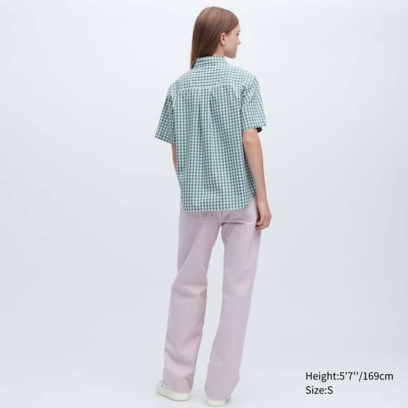 Women's Uniqlo Cotton Checked Short Sleeved Shirts Green | GYUS-50176