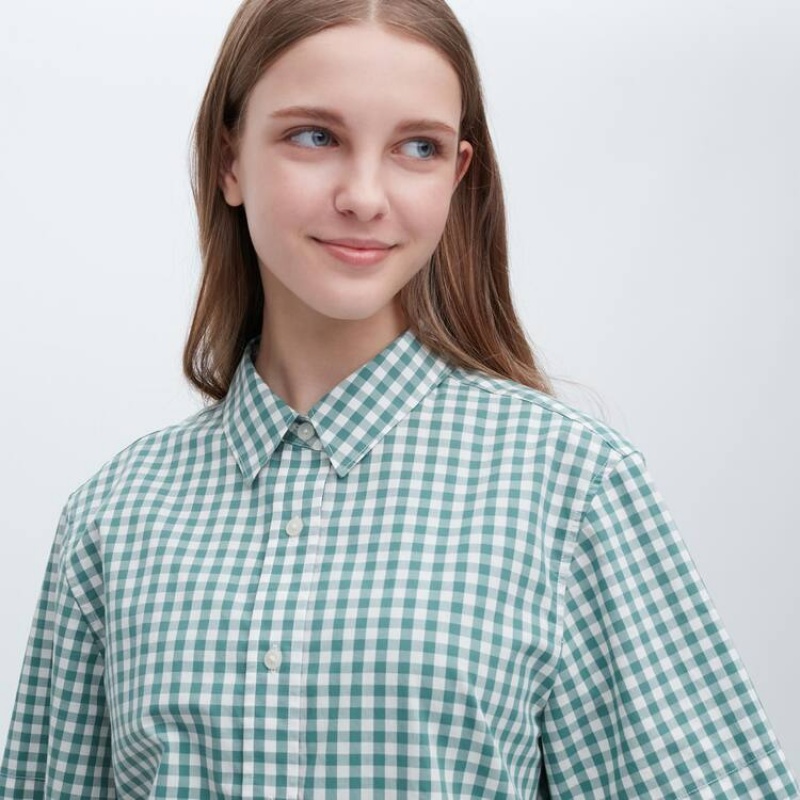 Women's Uniqlo Cotton Checked Short Sleeved Shirts Green | GYUS-50176