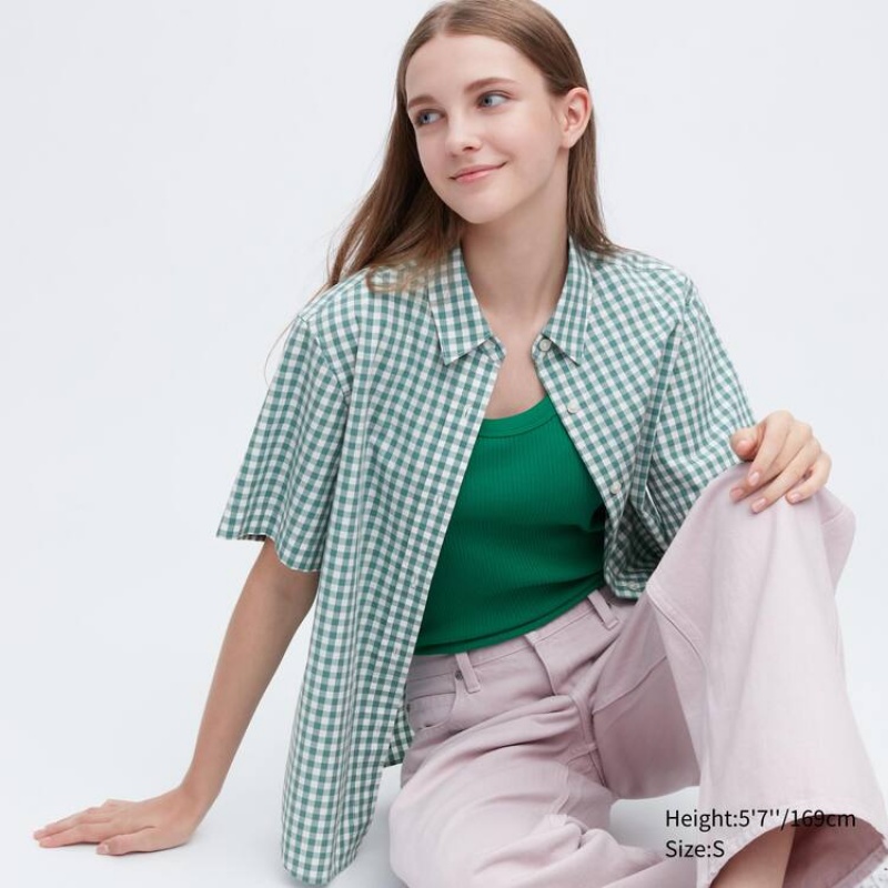 Women\'s Uniqlo Cotton Checked Short Sleeved Shirts Green | GYUS-50176