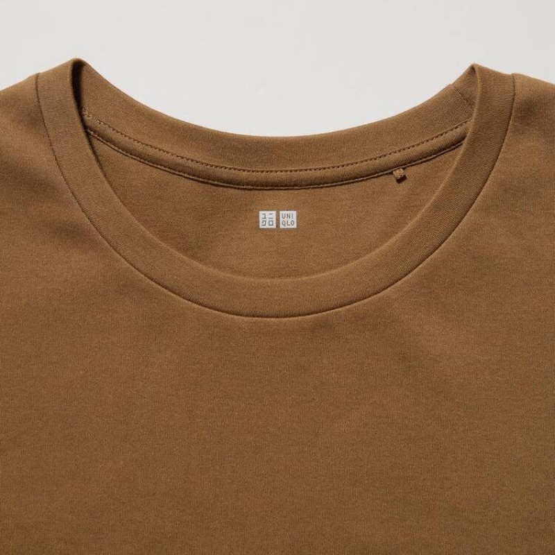 Women's Uniqlo Cotton Crew Neck Long Sleeve T Shirts Brown | VQAO-76985