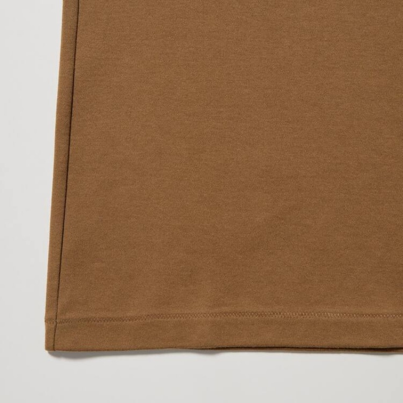 Women's Uniqlo Cotton Crew Neck Long Sleeve T Shirts Brown | VQAO-76985