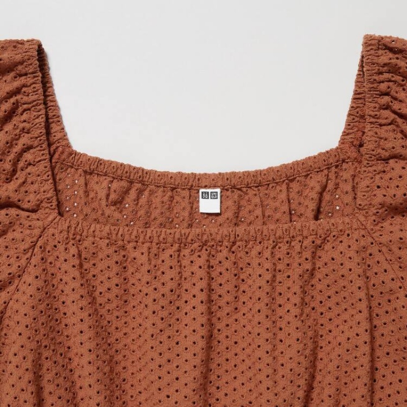 Women's Uniqlo Cotton Embroidered Square Neck Short Sleeved Blouse Brown | WDGS-87624