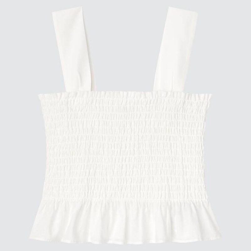 Women\'s Uniqlo Cotton Gathered Sleeveless Blouse White | IFEB-16085