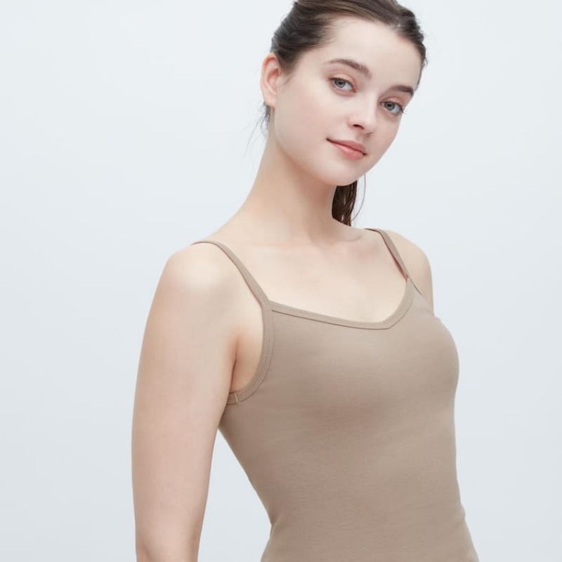 Women's Uniqlo Cotton Lace Camisole Vest Khaki | ZPBD-51306