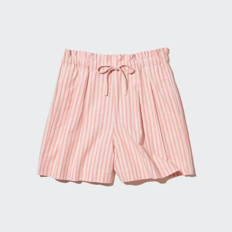 Women's Uniqlo Cotton Linen Striped Shorts Light Orange | XIZS-02637