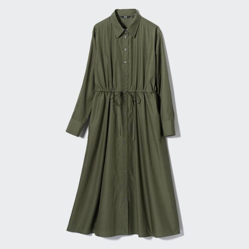 Women\'s Uniqlo Cotton Long Sleeved Dress Green | IVQW-18354