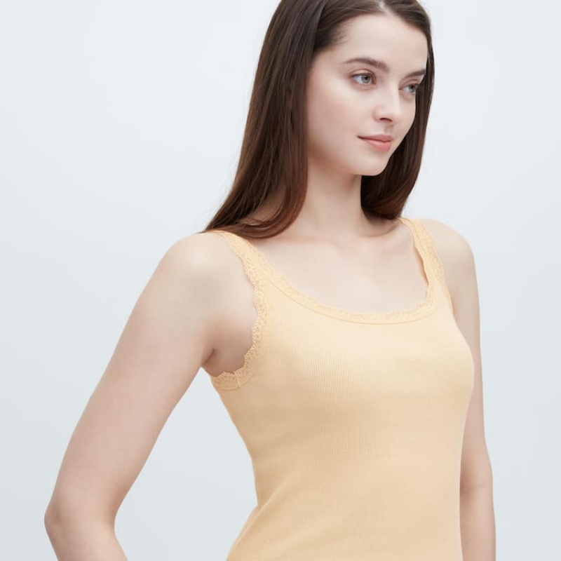 Women's Uniqlo Cotton Ribbed Lace Sleeveless Vest Yellow | EWRX-94623