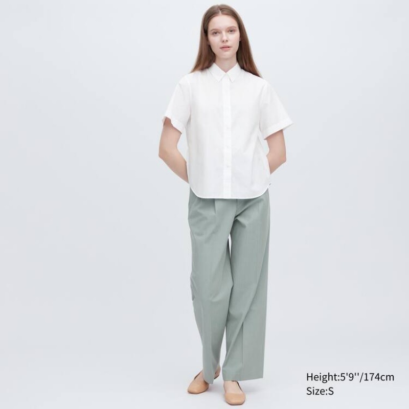 Women's Uniqlo Cotton Short Sleeved Shirts White | CNYZ-46079