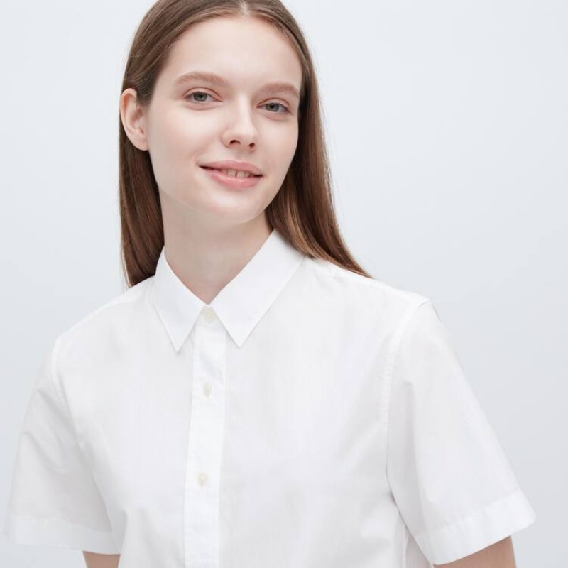 Women's Uniqlo Cotton Short Sleeved Shirts White | CNYZ-46079