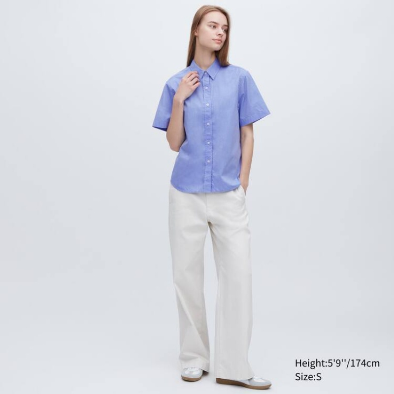 Women's Uniqlo Cotton Short Sleeved Shirts Blue | GRWP-62150