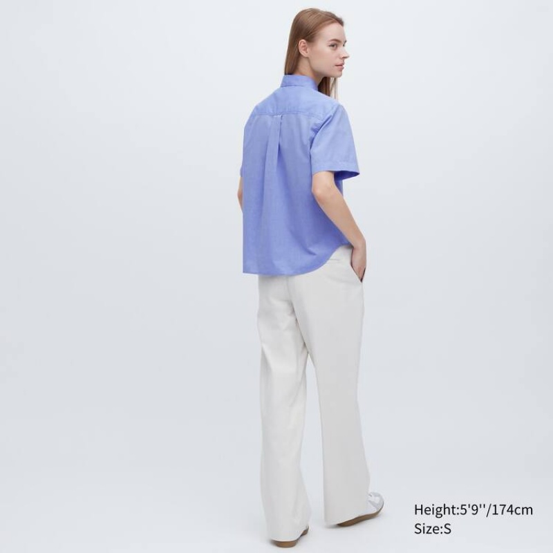 Women's Uniqlo Cotton Short Sleeved Shirts Blue | GRWP-62150