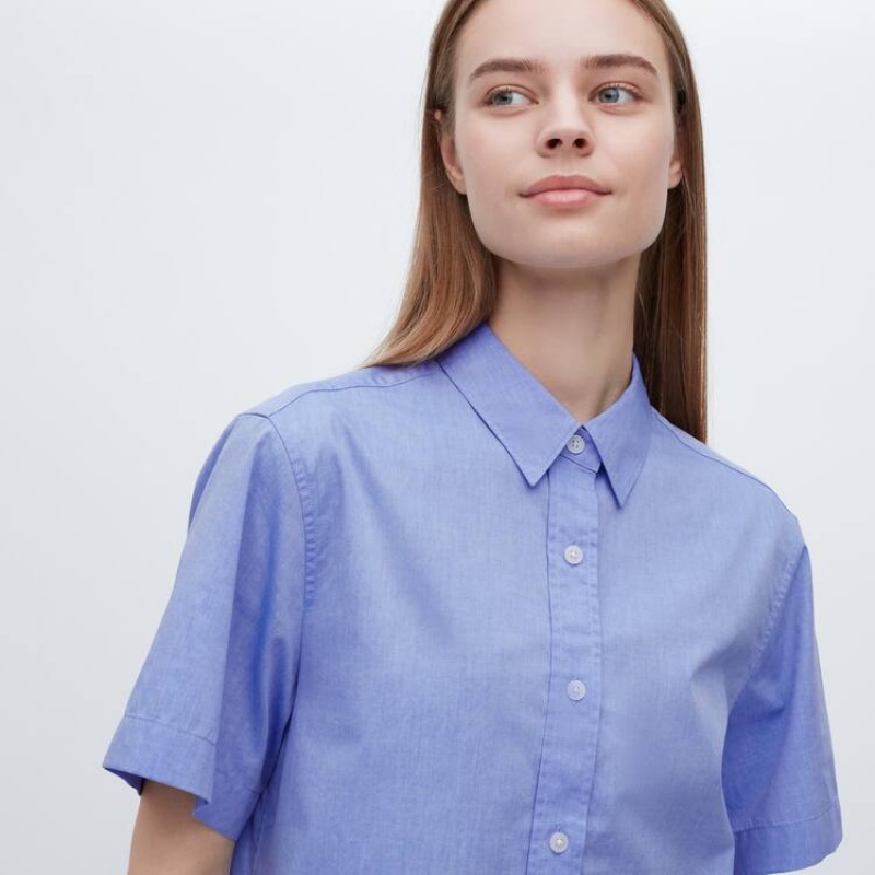 Women's Uniqlo Cotton Short Sleeved Shirts Blue | GRWP-62150