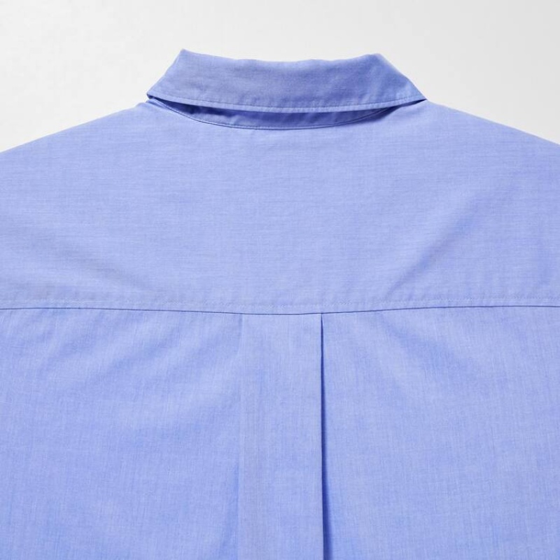 Women's Uniqlo Cotton Short Sleeved Shirts Blue | GRWP-62150