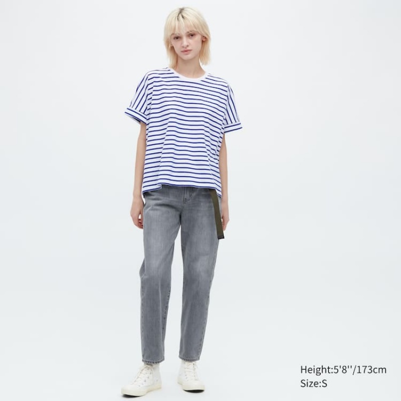 Women's Uniqlo Cotton Striped French Sleeved T Shirts White / Blue | JISV-36015