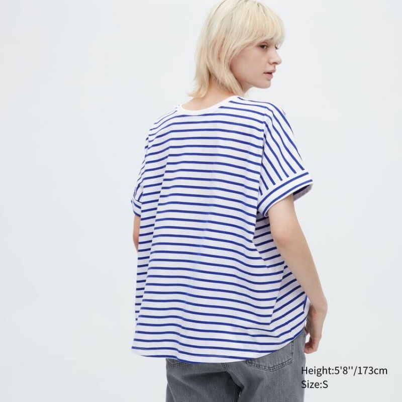 Women's Uniqlo Cotton Striped French Sleeved T Shirts White / Blue | JISV-36015